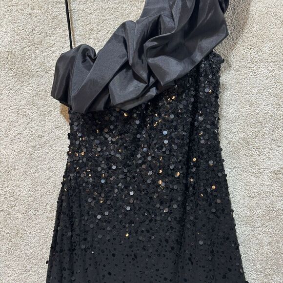 Mignon Maxi Gown Dress Women's 6 Black One Puff Shoulder Sequined Sheath Stretch - Picture 3 of 14
